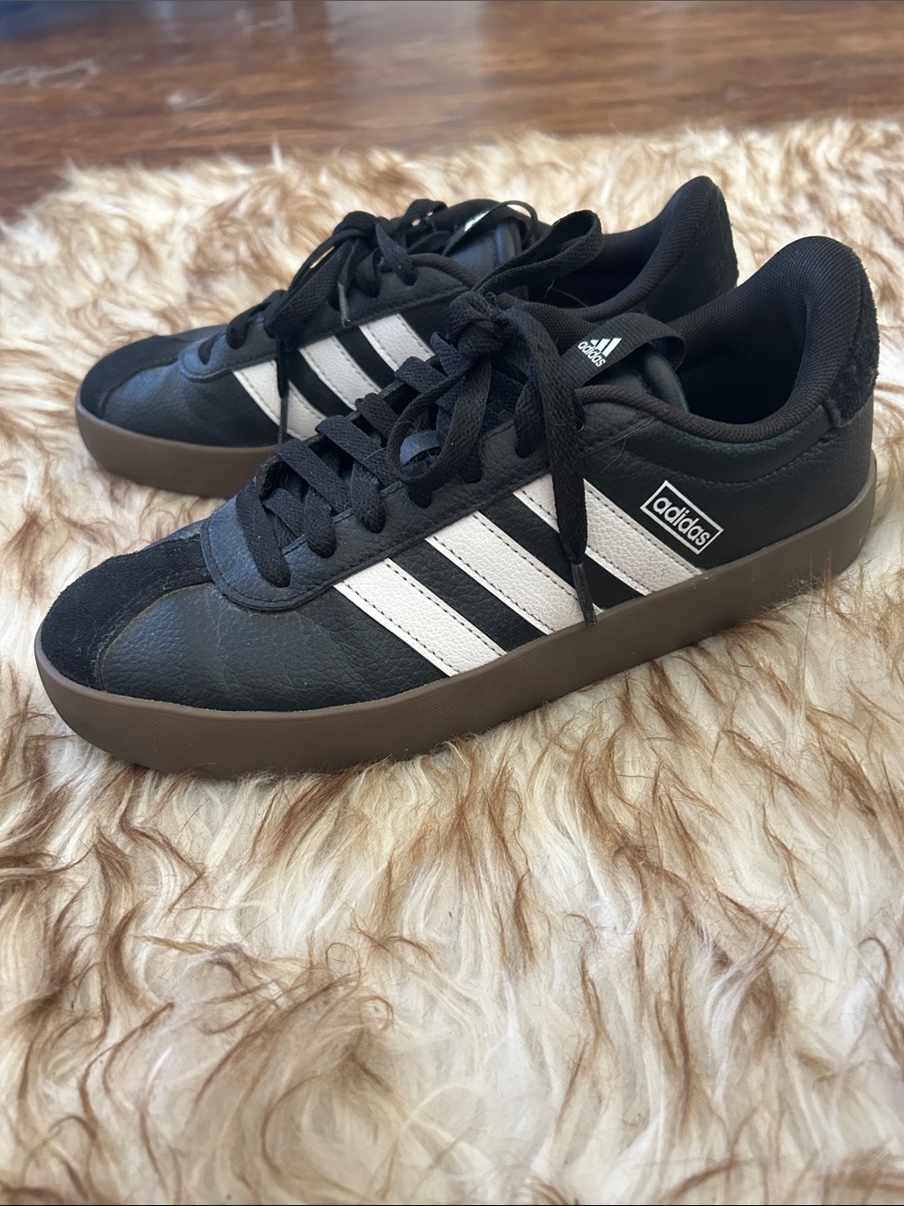 Adidas Women’s Black Samba with White Stripes and Brown Sole